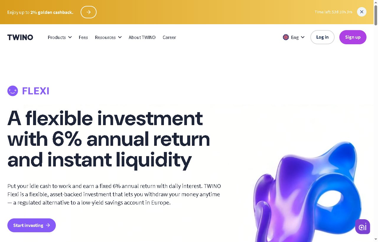 Page du produit Twino FLEXI : 6 % par an et retrait à tout moment