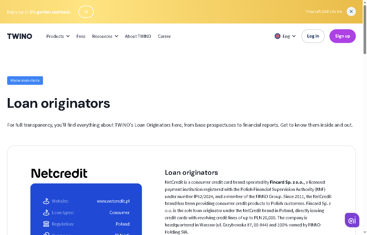 Page Loan originators de Twino : Netcredit, marque de cartes de crédit de Fincard Sp. z o.o. en Pologne