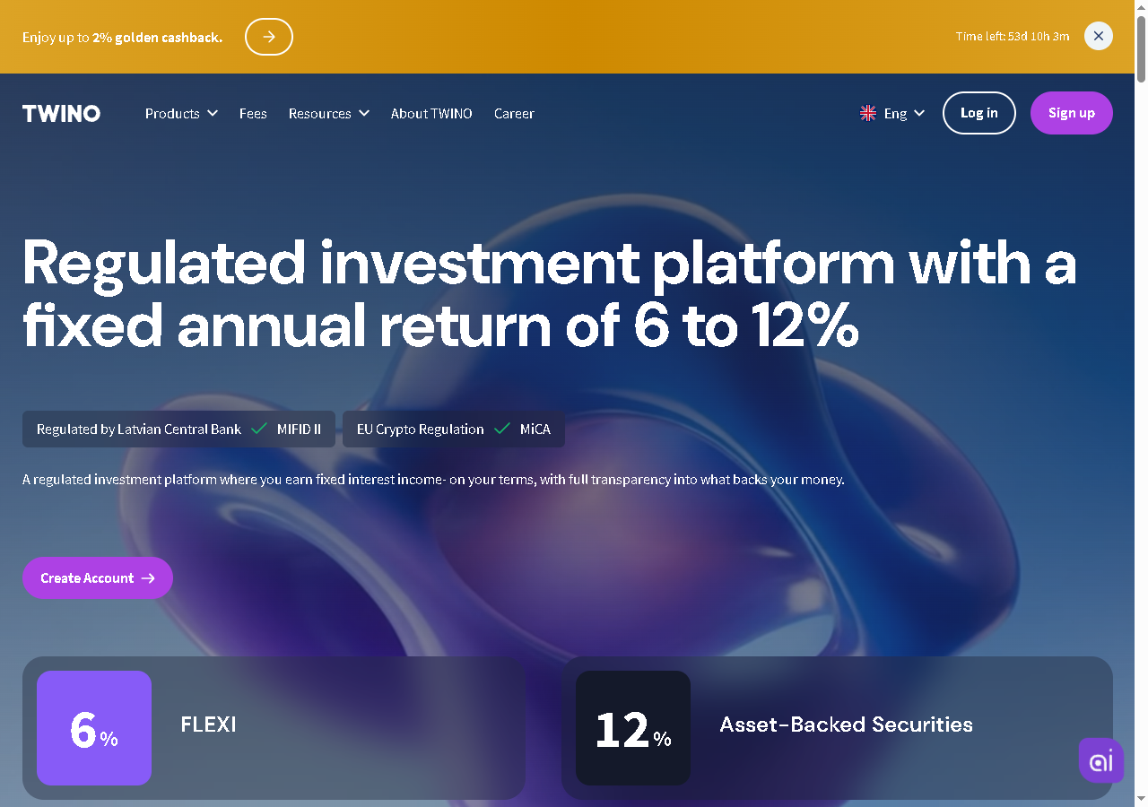 Page d'accueil de Twino : plateforme régulée MiFID II et MiCA, FLEXI à 6 % et titres adossés à des prêts jusqu'à 12 %